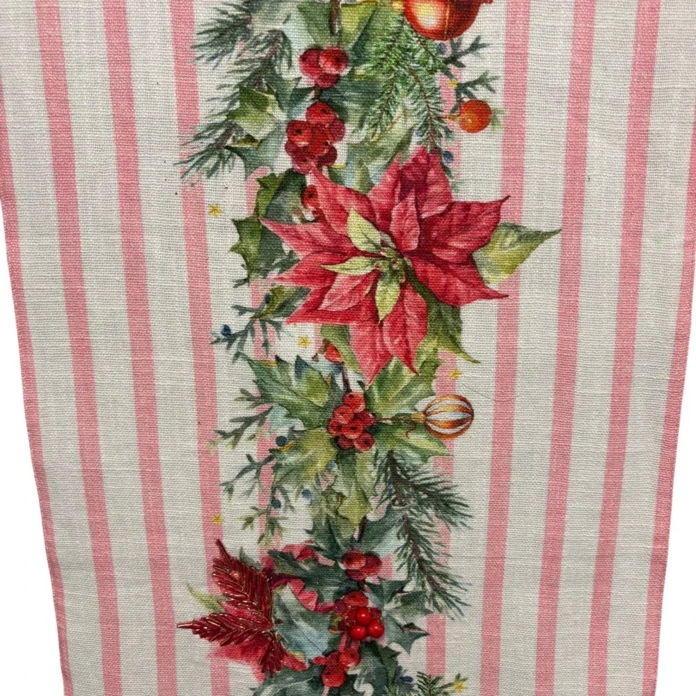 Lillian August Home Christmas Poinsettia Striped Table Runner Pink Red 14x72 NEW